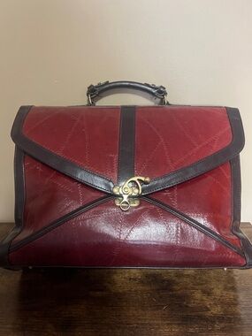 Marc Chantal Red Leather Briefcase with Dark Brown Trim